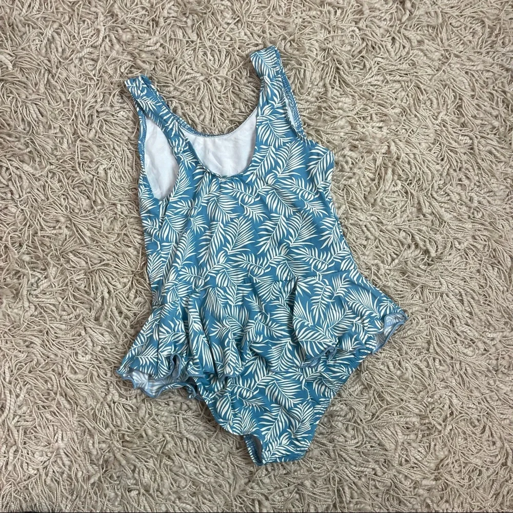 Girls Blue Palm Leaf One Piece Swimsuit - Picture 3 of 4